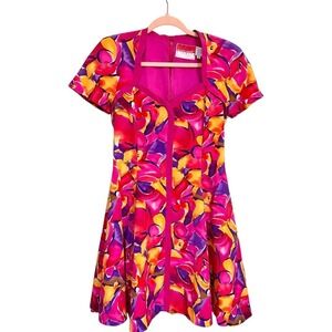 VTG Oscar de la Renta Silk Dress Medium Twee Y2K Bright Bold Vibrant 90s